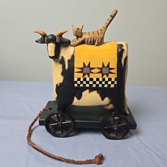 Williraye Studio - Folk Art - Cow With Cat Pull Toy Figurine WW1403 On Wheels - Picture 2 of 12